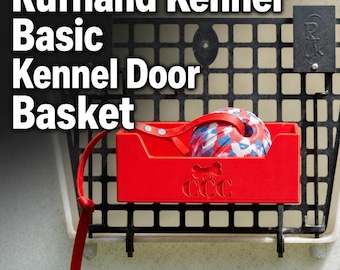 May include: A Ruffland Kennel Basic Kennel Door Basket featuring a black grid panel and a red plastic storage bin. The bin is embossed with a bone icon and the letters CCC. A red leash is attached to a red, white, and blue patterned ball inside.