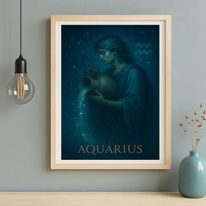 Aquarius Zodiac Wall Art – Mystical Astrology Printable Poster – Digital Download Aquarius Star Sign Illustration