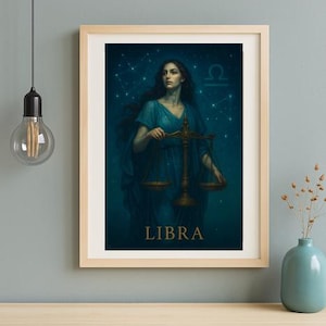 Libra Zodiac Wall Art – Mystical Astrology Printable Poster – Digital Download Libra Star Sign Illustration