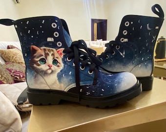 Midnight cat women's canvas boots, Fairytale boots, Aesthetic boots , Unique gift, Perfect gift, Birthday gift, Christmas gift, cat lover