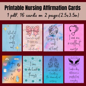 Peut inclure: Cartes d'affirmation infirmières imprimables avec des citations inspirantes. Chaque carte présente un design et un message uniques, comme « Et si tout s'arrangeait » et « Je suis une excellente infirmière ». Les cartes mesurent 6,35 x 8,89 cm.