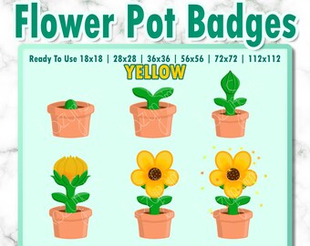 May include: Six flower pot badges in different stages of growth. The badges are in yellow, green, and brown. The text "Ready To Use 18x18 | 28x28 | 36x36 | 56x56 | 72x72 | 112x112 YELLOW" is at the top of the image.