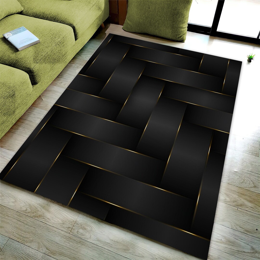 Black and Gold Rug, Modern Carpet, Living Room Area Rug, Stylish Rug