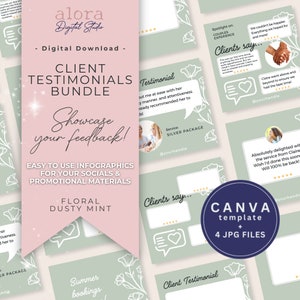 Bearbeitbare Kundenempfehlungsvorlage, Canva-Vorlage und JPEG-Dateien für Käufer-Feedback, Floral Dusty Mintgrün Social-Media-Download