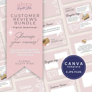 Bearbeitbare Kundenrezensionen-Vorlage, Canva-Vorlage und JPEG-Dateien für Käufer-Feedback, Floral Dusty Pink Social Media digitaler Download