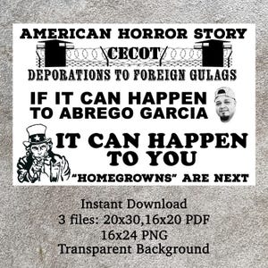 May include: Black and white graphic design with the text "American Horror Story", "CECOT", "Deporations to Foreign Gulags", "If it can happen to Abrego Garcia, it can happen to you", and "Homegrowns are next". The graphic also includes a prison fence, a prison building, and a portrait of a man.