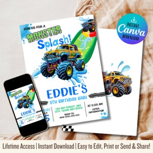 May include: A printable invitation for a monster truck themed birthday party. The invitation features a yellow monster truck with blue wheels splashing in a pool of water. The text on the invitation reads "Join us for a Monster Splash! Eddie's 5th Birthday Bash".