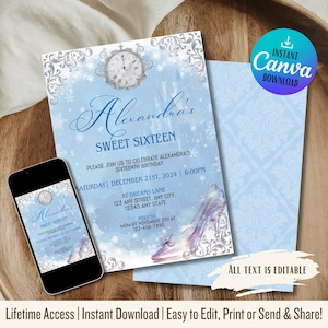 Editable Cinderella Birthday Invitation Template | Instant Download | Printable Party Invite | DIY Canva Design | Winter Wonderland