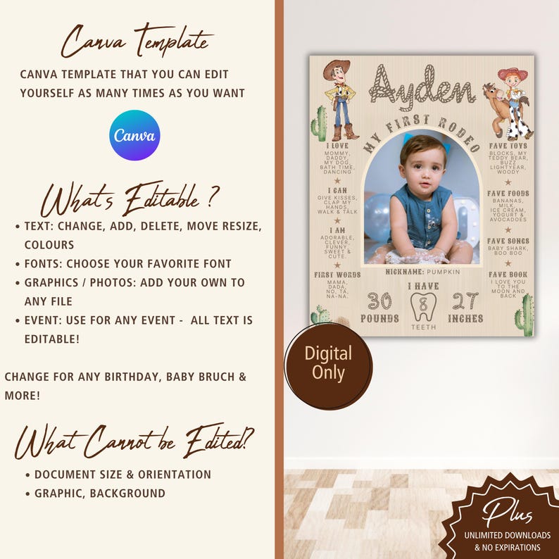 May include: A digital Canva template for a baby's first rodeo, with a photo, weight, height (68.58 cm), and other details. Features a cowboy theme with cactus and cartoon characters. The template is editable.