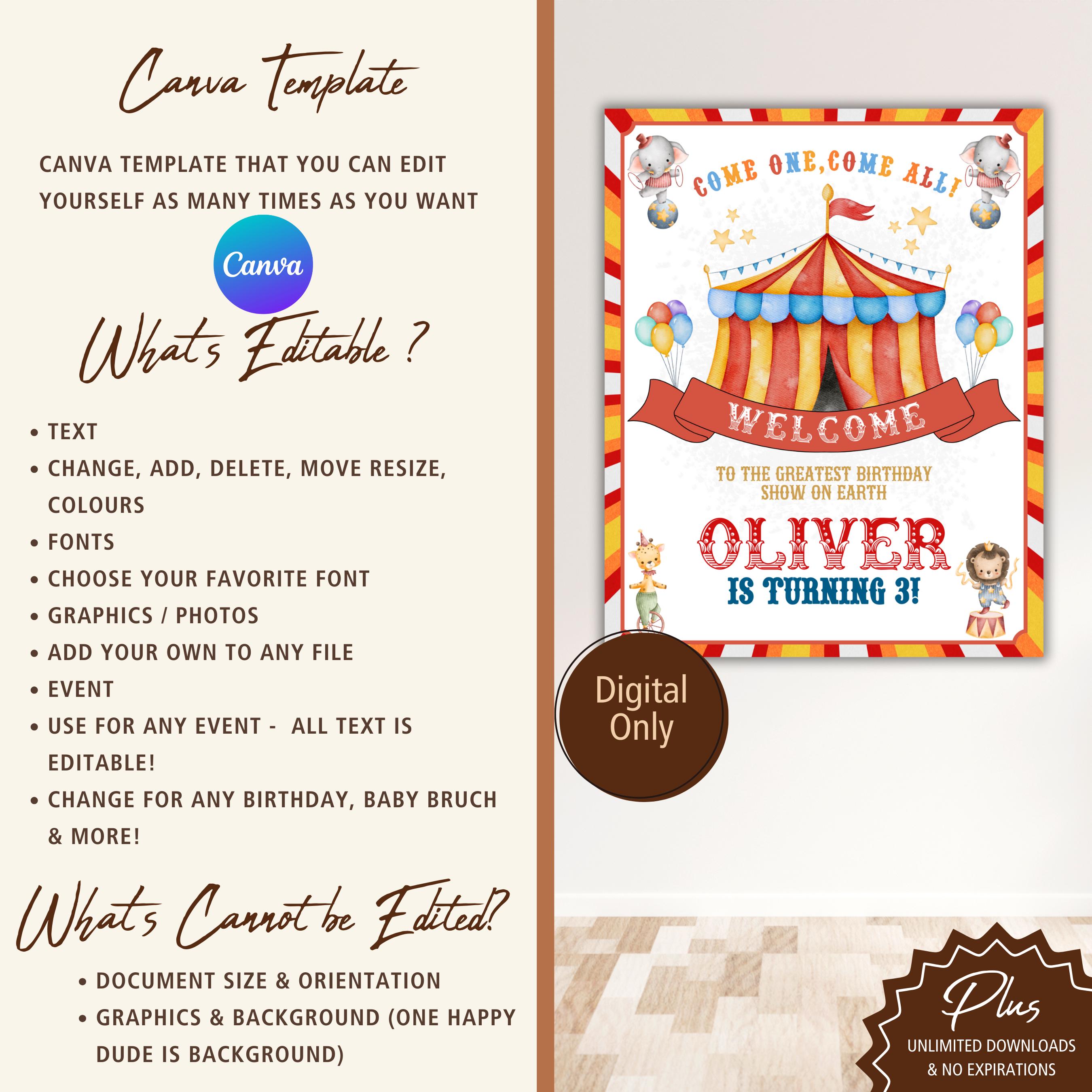 Circus Party Sign Editable, Colorful Birthday Welcome Sign, Carnival ...