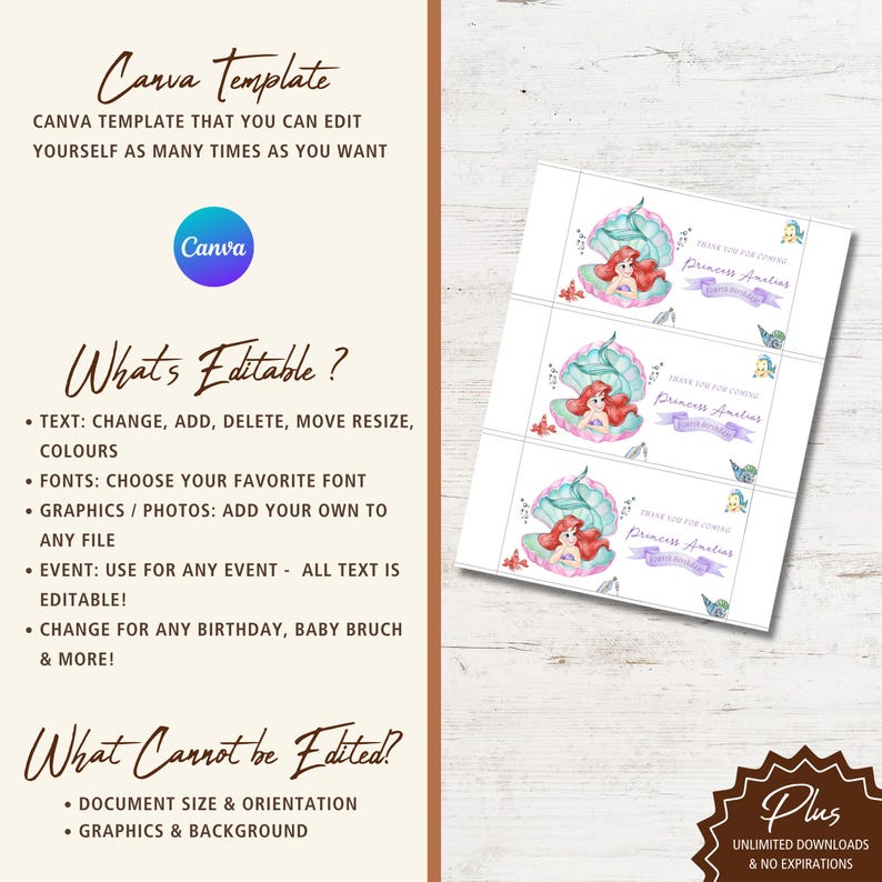 May include: A Canva template advertisement. The image features a design with the text "Canva Template" and "What's Editable?" and "What Cannot be Edited?" On the right, there are three invitation cards with a mermaid design and the text "Princess Amelias".