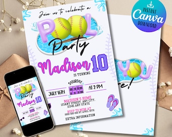 Softball Pool Party Invitation: Editable Birthday Invite (Digital Download)