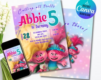 May include: A printable invitation for a 5th birthday party featuring a pink and blue background with glitter and two cartoon trolls. The invitation says "Calling all trolls Abbie 5 is turning" with a date of Saturday, May 28th. The invitation also includes a time of 2:30 PM to 6:30 PM, an address, and an RSVP number.