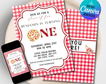Pizza First Birthday Invitation: Pink Party, Editable Template (Digital Download)