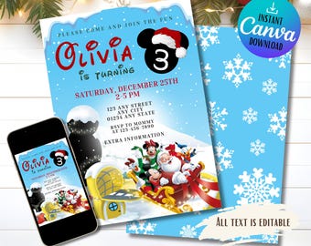 Mickey Mouse Christmas Birthday Invitation: Editable Holiday Party Card (Digital)