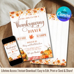 Op de afbeelding: Uitnodiging voor een Thanksgiving-diner met een rustieke houten achtergrond, oranje en gele herfstbladeren, pompoenen en een rood-wit geruit tafelkleed. De tekst luidt "Kom gezellig mee naar een Thanksgiving-diner om 16:00 uur op 14 oktober, Georganiseerd door Mary en Paul Robertson, 123 Any Street, Any City, Any State, RSVP naar +123-456-7890, Laten we dankbaar zijn!"