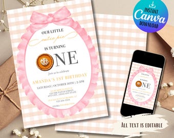 Fall 1st Birthday Invitation Template: Pumpkin Pie, Pink Gingham (Digital Download)