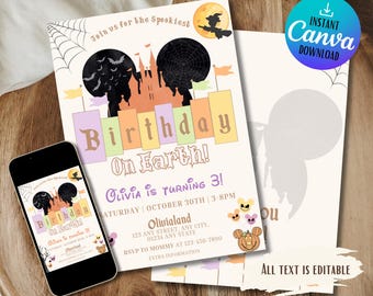 Faire-part d'anniversaire Halloween Disneyland | Invitation numérique modifiable pour les enfants | Modèle de fête fantasmagorique