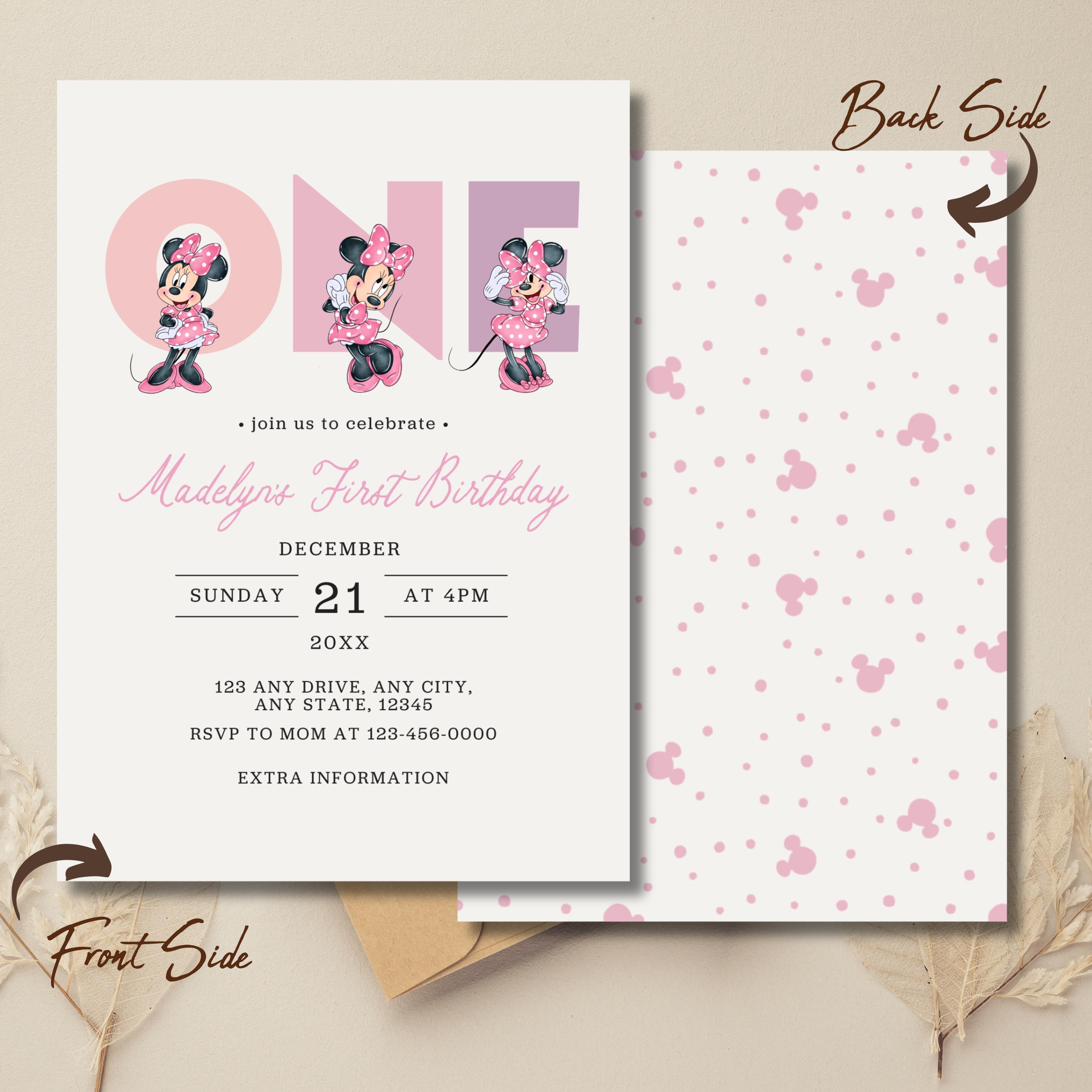 Minnie Mouse 1st Birthday Invitation, Pink Mouse Party, Editable Canva ...
