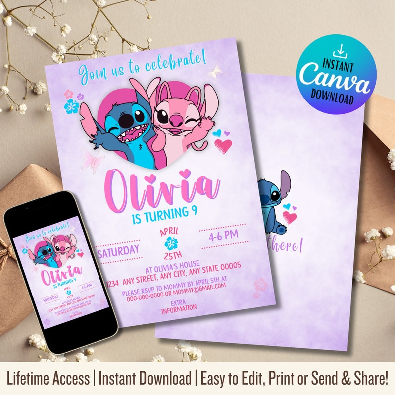 Stitch Birthday Invitation Angel and Stitch Gender Reveal Invitation
