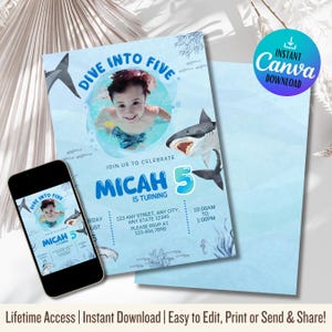 May include: A light blue birthday invitation with the text "Dive into Five" and "Micah 5 is turning". The invitation features a photo of a child swimming, sharks, and event details. A smartphone displays the invitation.