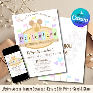 Disneyland Birthday Invitation | Disneyland Birthday Invitation | Happiest Birthday On Earth Invitation | Mickey Birthday | Muted Rainbow