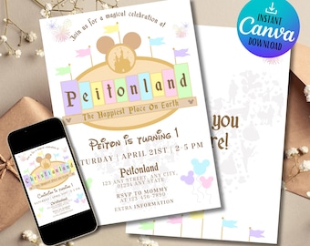 Disneyland Birthday Invitation: Muted Rainbow, Editable Template (Digital Download)