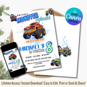 Monster Truck Birthday Invitation: Splash Bash, Waterslide Party (Printable PDF)