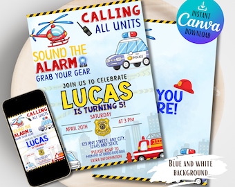 Emergency Vehicles Birthday Invitation: Firetruck, Police, Ambulance (Digital Download)