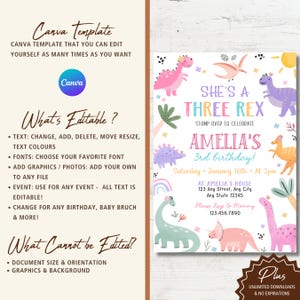 May include: A Canva template for a birthday party invitation. The invitation features colorful dinosaur illustrations and the text "She's a Three Rex" with the child's name and party details. The template is editable.