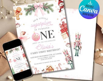 May include: A pink and white printable invitation for a first birthday party with a winter wonderland theme. The invitation features a ballerina, a nutcracker, a gingerbread house, and a snowman. The text on the invitation reads "Our little sugarplum is turning one. Join us to celebrate Olivia's Fairy First Birthday!"