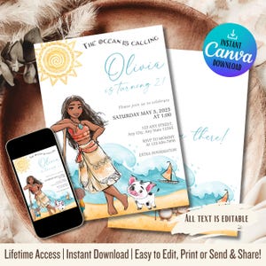 Invito Moana / Invito di compleanno digitale modificabile / Modello per festa hawaiana per bambini / Invito con download immediato