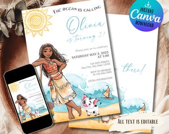 Moana Einladung | Bearbeitbare digitale Geburtstagseinladung | Hawaiianische Kinderparty Vorlage | Sofort Download Einladung