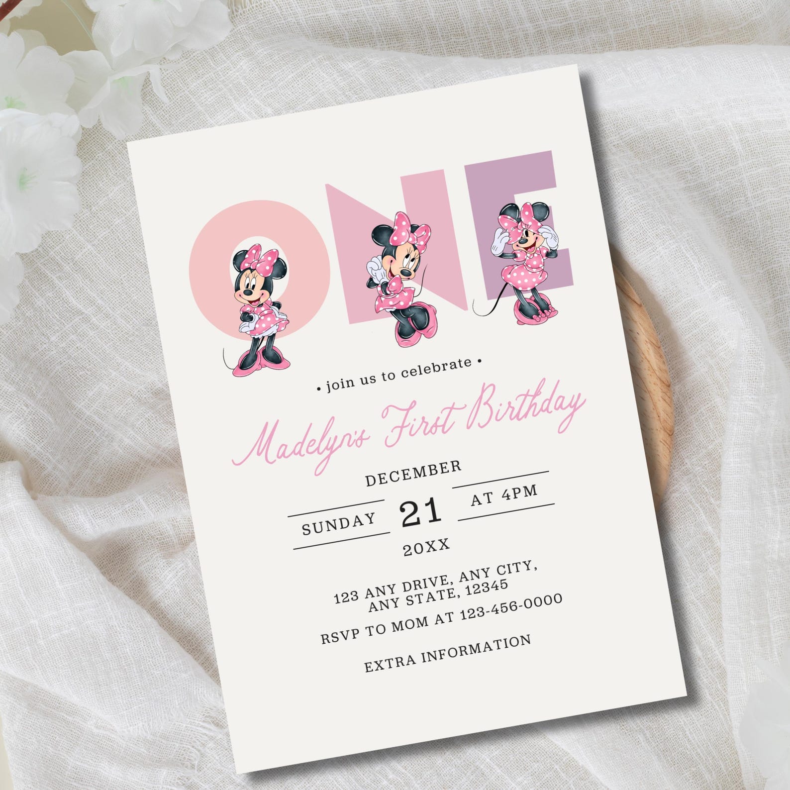 Minnie Mouse 1st Birthday Invitation, Pink Mouse Party, Editable Canva ...