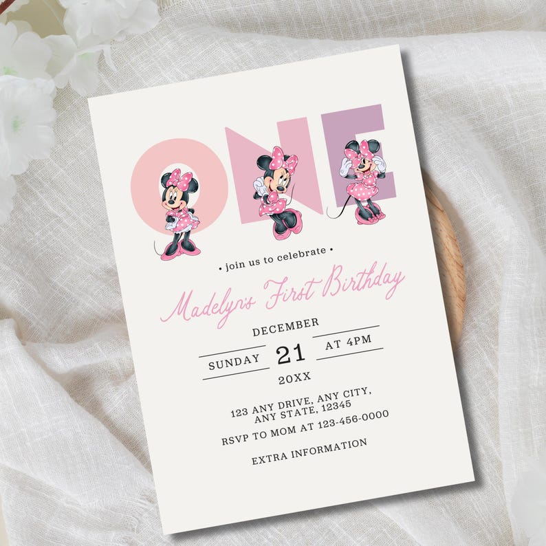 Minnie Mouse 1st Birthday Invitation, Pink Mouse Party, Editable Canva ...