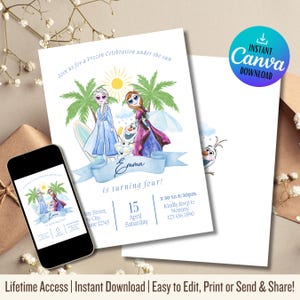 May include: A Frozen-themed birthday invitation featuring Elsa and Anna in summer attire, palm trees, and a sun illustration. The invitation includes the name "Emma" and event details. A smartphone displays the invitation design.