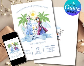 Könnte beinhalten: Eine Geburtstagseinladung zum Thema Frozen mit Elsa und Anna in Sommerkleidung, Palmen und einer Sonne. Die Einladung enthält den Namen "Emma" und Veranstaltungsdetails. Ein Smartphone zeigt das Design.