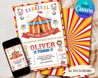 Peut inclure: Invitation modifiable pour une fête d'anniversaire d'enfant sur le thème du cirque. L'invitation présente une tente rayée rouge et jaune, un ballon coloré et un éléphant de dessin animé. Le texte sur l'invitation indique "C'est un carnaval, venez tous, venez tous, Au plus grand spectacle d'anniversaire sur Terre, Oliver a 3 ans !"