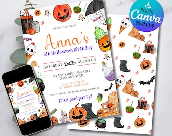 Summerween Party Invitation: Retro Halloween Pool Party (Digital Download