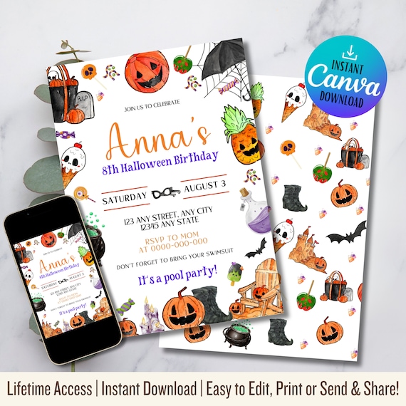 Summerween Party Invitation: Retro Halloween Pool Party (Digital Download