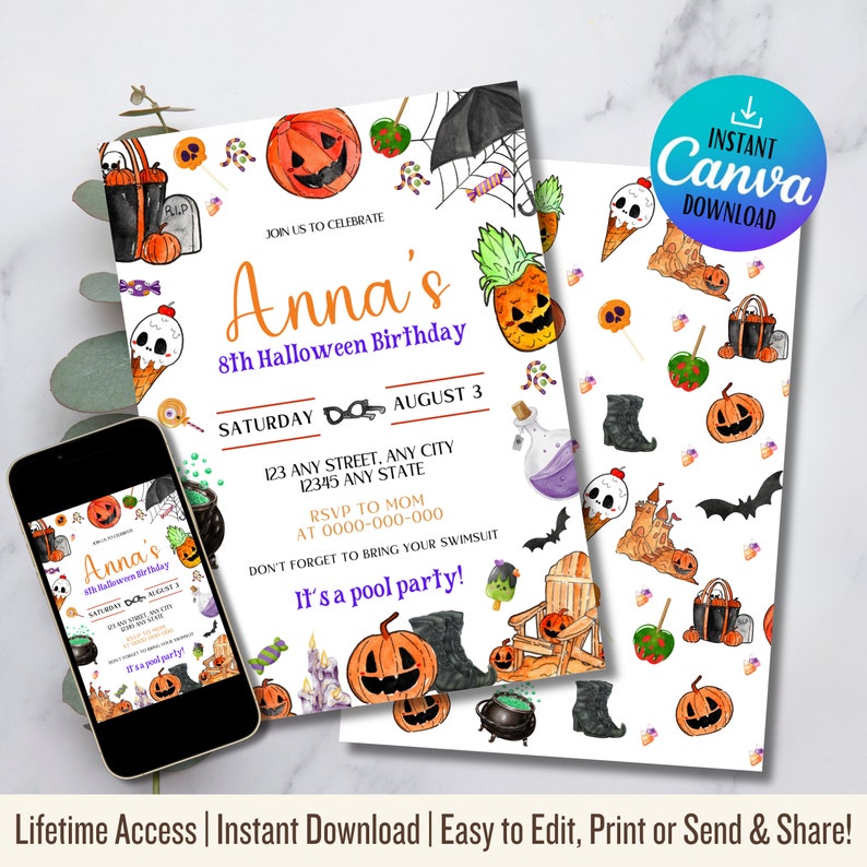 May include: Printable Halloween birthday party invitation featuring a cartoon pumpkin, a witch's cauldron, a pineapple, and a black cat. The invitation is for Anna's 8th birthday and includes the text "Join us to celebrate Anna's 8th Halloween Birthday", "Saturday August 3", "123 Any Street, Any City 12345 Any State", "RSVP to Mom at 0000-000-000", "Don't forget to bring your swimsuit", and "It's a pool party!"