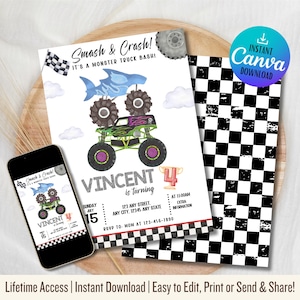 Faire-part d'anniversaire Monster Truck 5 x 7 | Modèle numérique modifiable | Téléchargement instantané | Une invitation à une fête amusante pour les enfants
