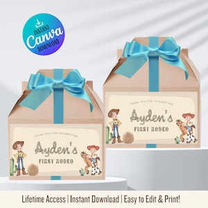 Puede incluir: Dos cajas de regalo marrones con lazos y cintas azul claro. Cada caja tiene una etiqueta que dice "Thank You For Celebrating Ayden's First Rodeo" con ilustraciones de vaqueros. Las cajas están decoradas con un tema de vaquero. También se ve el texto "Instant Canva Download".