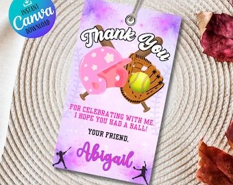 May include: A baseball-themed gift tag with a pink helmet, brown glove, and yellow softball. The tag reads "Thank You" and "For celebrating with me. I hope you had a ball!" with the name "Abigail" in purple.