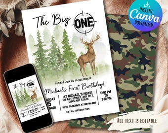 Hunting First Birthday Invitation: Lucky One, Camo (Editable Template)