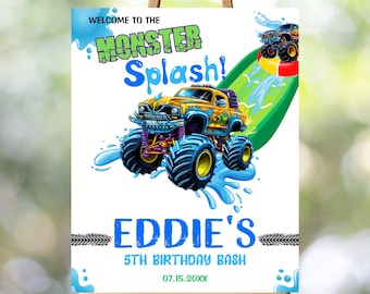 Invitación para fiesta en la piscina con temática de monster trucks: plantilla de cumpleaños editable (descarga digital)