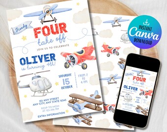 Könnte beinhalten: Eine Geburtstagseinladung mit einem Aquarell-Flugzeug-Thema. Die Einladung lautet "FOUR take off" und "Oliver is turning 4th!" mit Party-Details. Ein Smartphone zeigt die Einladung an. Die Einladung liegt auf einem Holztablett.