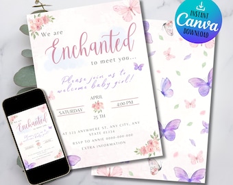 Plantilla de invitación para baby shower con mariposas encantadas (Canva editable)
