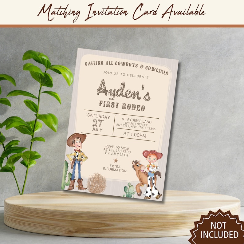 May include: A rodeo-themed invitation card with the text "Ayden's First Rodeo." The card features cartoon illustrations of a cowboy and cowgirl. The invitation includes event details such as date, time, and RSVP information. The words "Matching Invitation Card Available" are at the top.
