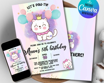 Invitation d'anniversaire de chat : modèle de fête de chaton (imprimable, téléchargement immédiat)